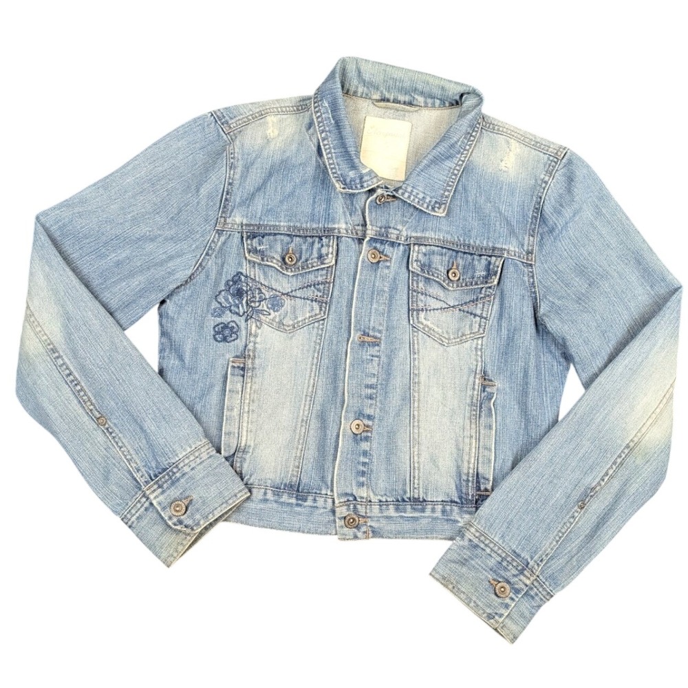 Aeropostale Womens XL Blue Denim Distressed Jacket Floral Embroidered Light Wash